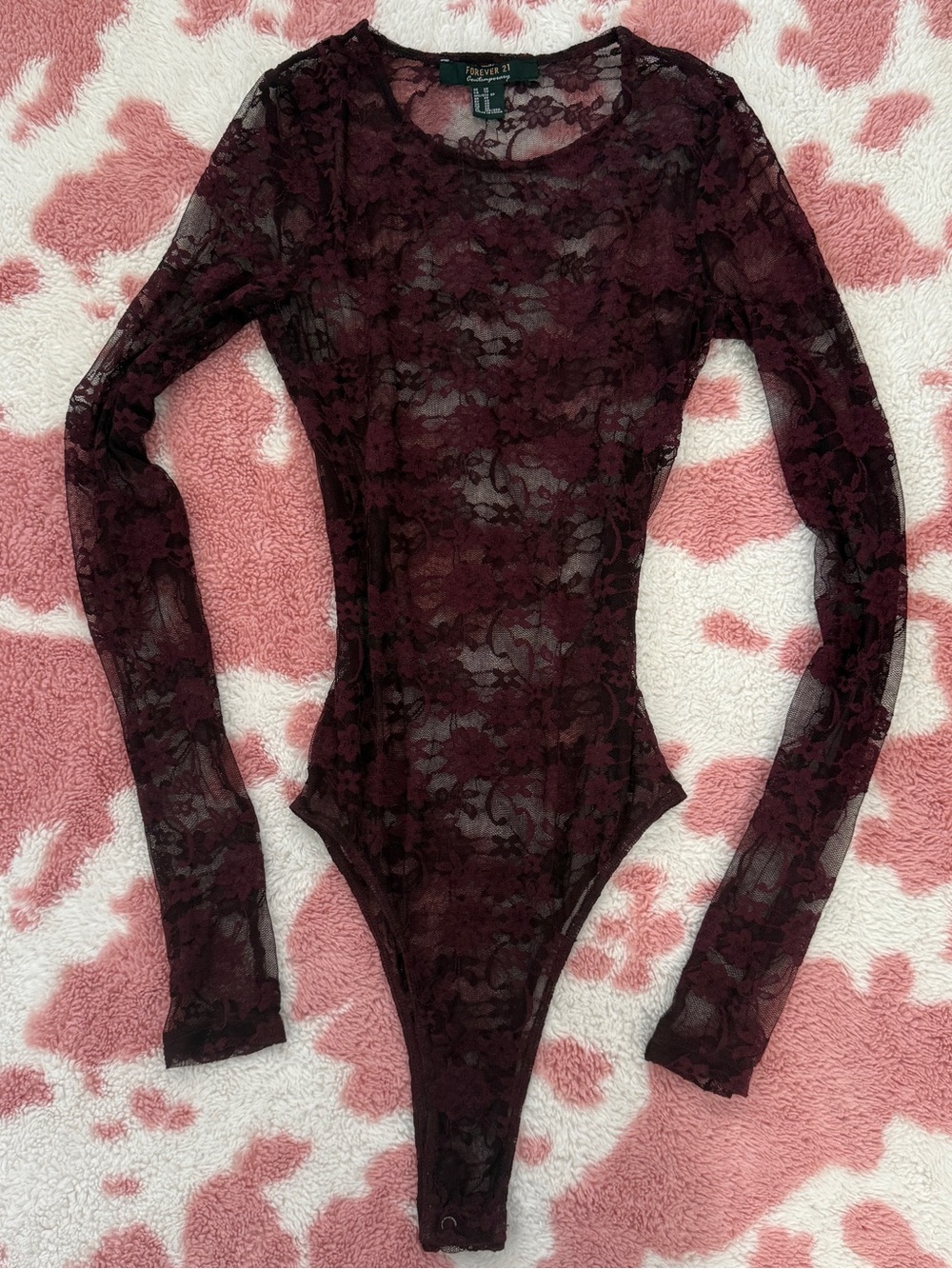 Y2K Dark Cherry Lace Bodysuit Sheer Floral Mesh Long Sleeve Goth Coquette XS